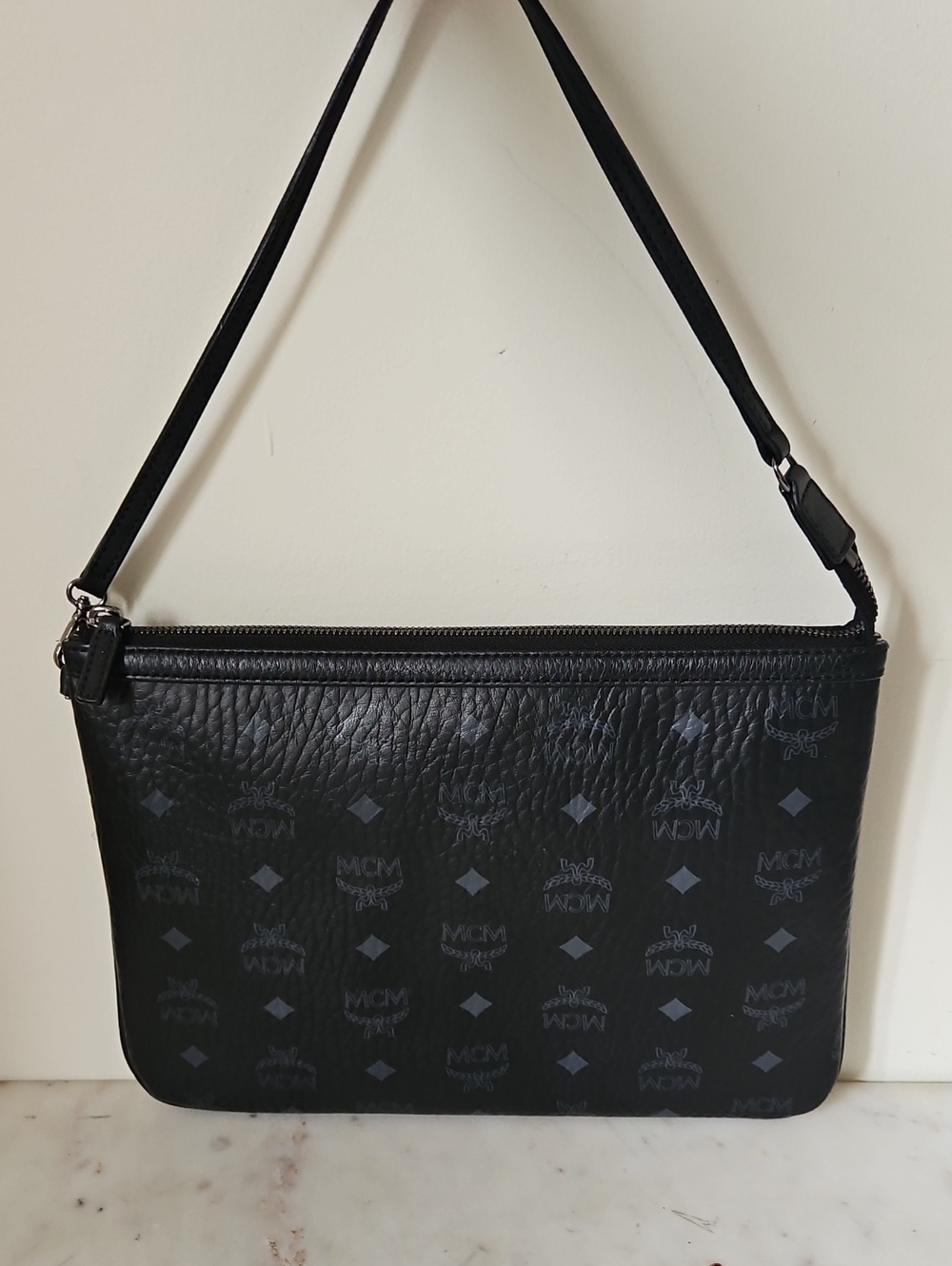 MCM: NEW Black Leather Monogram Pochette Shoulder Bag